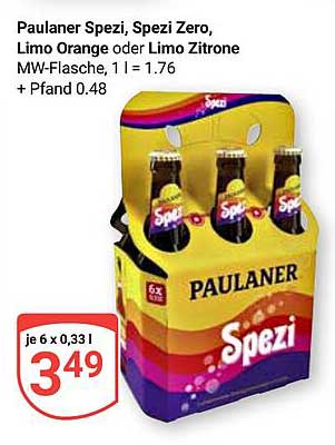 Paulaner Spezi, Spezi Zero, Limo Orange oder Limo Zitrone - 6 x 0,33 l