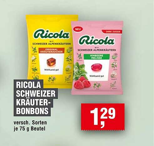 RICOLA SCHWEIZER KRÄUTER-BONBONS - Verschiedene Sorten je 75 g Beutel