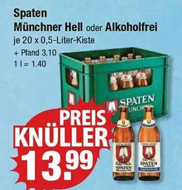 Spaten Münchner Hell oder Alkoholfrei je 20 x 0,5-Liter-Kiste