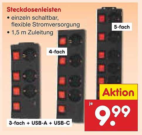 Steckdosenleisten 3-fach, 4-fach und 5-fach mit USB-A und USB-C