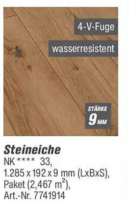 Steineiche Laminatboden 4-V-Fuge Wasserresistent 9mm