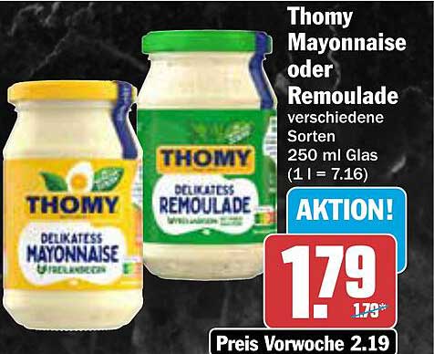Thomy Mayonnaise oder Remoulade 250 ml Glas (1 l = 7.16)