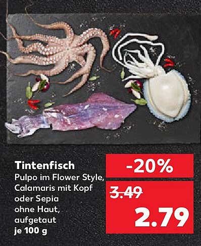Tintenfisch im Flower Style, Calamaris mit Kopf oder Sepia ohne Haut, aufgetaut