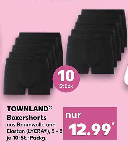 TOWNLAND® Boxershorts aus Baumwolle und Elestan (LYCRA®), 5 - 8 je 10-St.-Pack.