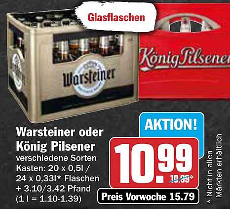 Warsteiner oder König Pilsener - Aktionspreis für Glasflaschen