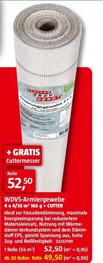 WDVS-Armegewebe 4 x 4/55 m 165 g mit GRATIS Cutter