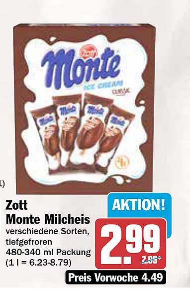 Zott Monte Milcheis verschiedene Sorten, tiefgefroren 480-340 ml Packung