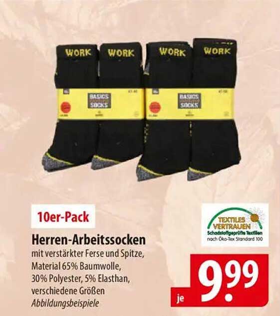 10er-Pack Herren-Arbeitssocken mit verstärkter Ferse und Spitze