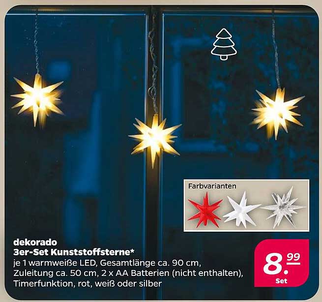 3er-Set Kunststoffsterne mit warmweißen LEDs