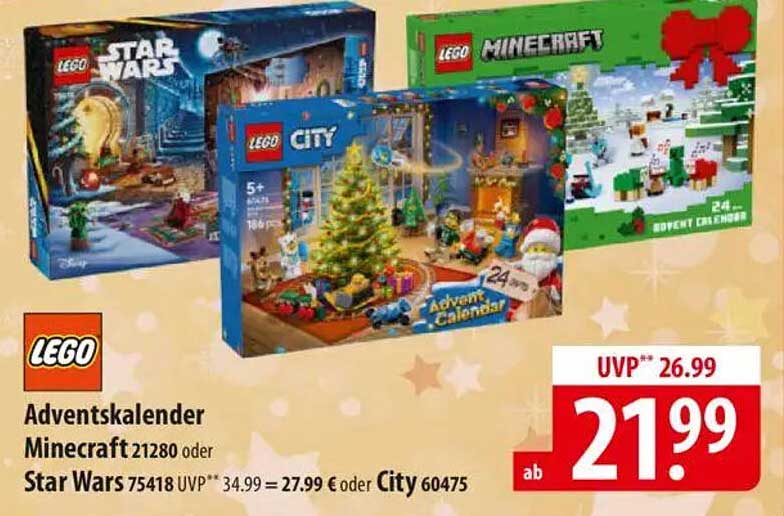 Adventskalender Minecraft 21280 oder Star Wars 75418 oder City 60475