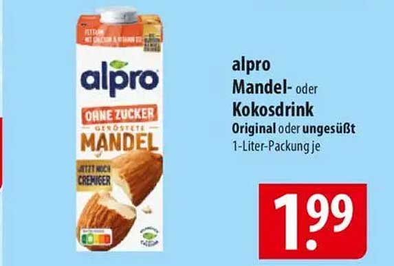 alpro Mandel- oder Kokosdrink Original oder ungesüßt 1-Liter-Packung je