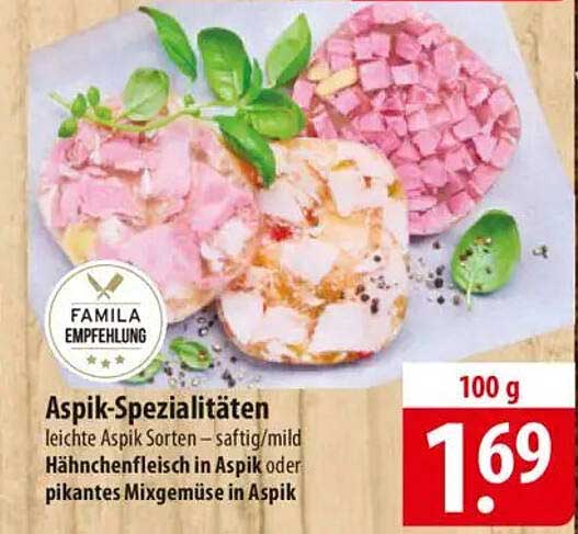 Aspik-Spezialitäten – leichte Aspik Sorten – saftig/mild Hähnchenfleisch in Aspik oder pikantes Mixgemüse in Aspik