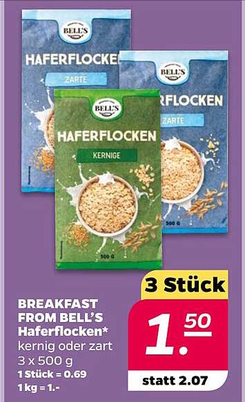 BREAKFAST FROM BELL'S Haferflocken - 3 Stück 500 g