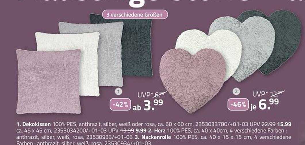 Dekokissen und Nackenrolle in verschiedenen Größen und Farben