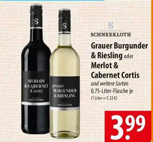 Grauer Burgunder & Riesling oder Merlot & Cabernet Cortis, 0,75-Liter-Flasche je