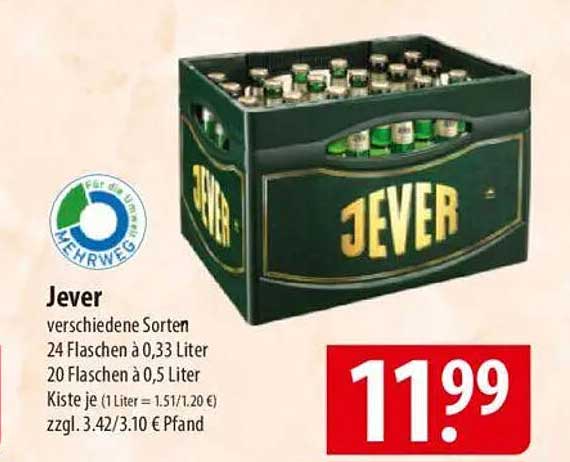 Jever verschiedene Sorten - 24 Flaschen à 0,33 Liter oder 20 Flaschen à 0,5 Liter für nur 11,99 €