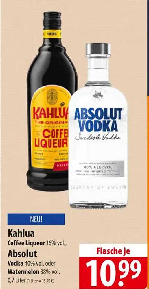 Kahlua Coffee Liqueur 16% vol. und Absolut Vodka 40% vol. oder Watermelon 38% vol.