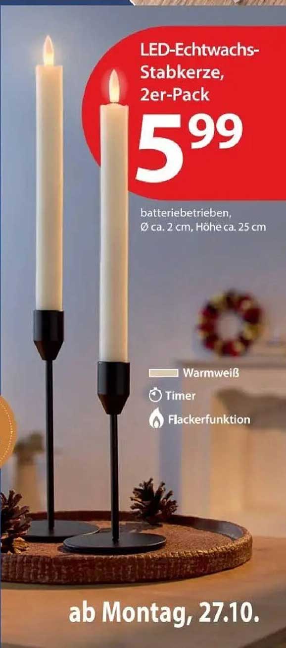 LED-Echtwachsstabkerze, 2er-Pack