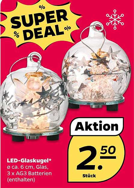 LED-Glaskugel* Ø ca. 6 cm, Glas, 3 x AG3 Batterien (enthalten)
