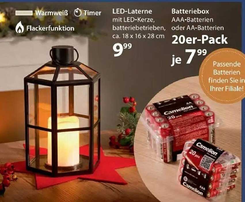 LED-Laterne mit LED-Kerze, batteriebetrieben, ca. 18 x 16 x 28 cm und Batteriebox 20er-Pack