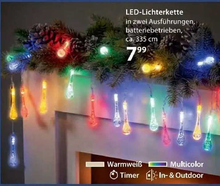 LED-Lichterkette in zwei Ausführungen, batteriebetrieben, ca. 335 cm