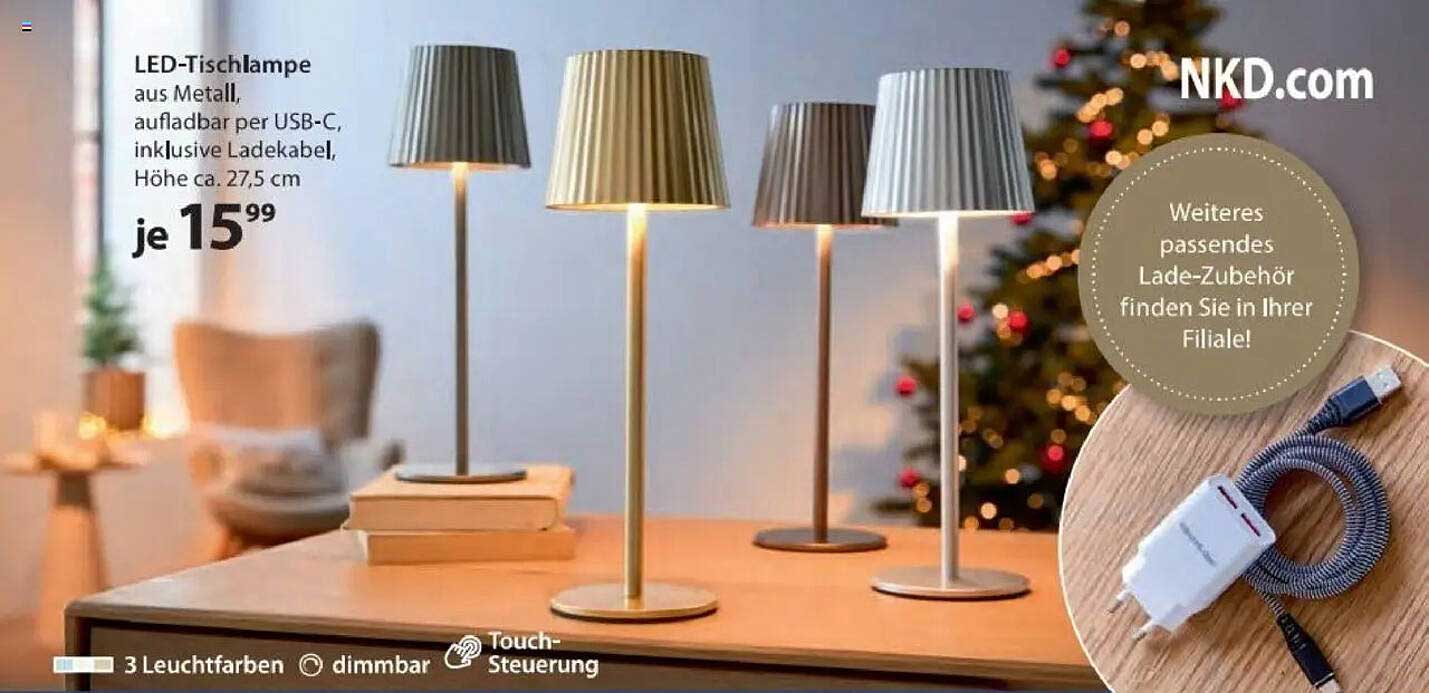 LED-Tischlampe aus Metall, aufladbar per USB-C, inklusive Ladekabel, Höhe ca. 27,5 cm