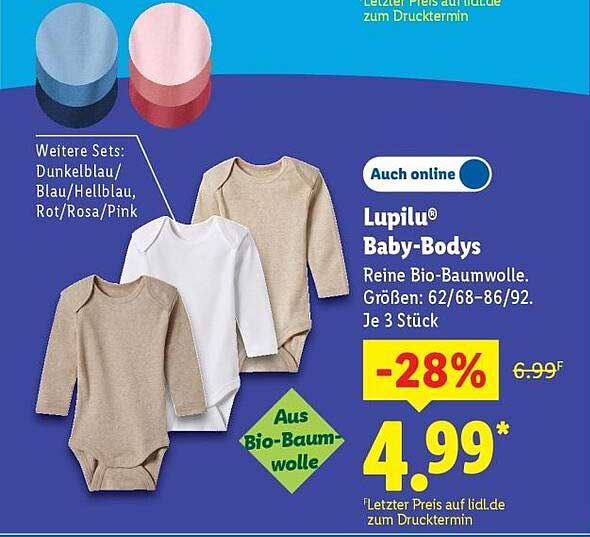 Lupilu® Baby-Bodys aus reiner Bio-Baumwolle – 3 Stück für nur 4,99 €