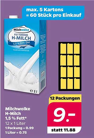 Milchwolke H-Milch 1,5 % Fett - 12 x 1 Liter