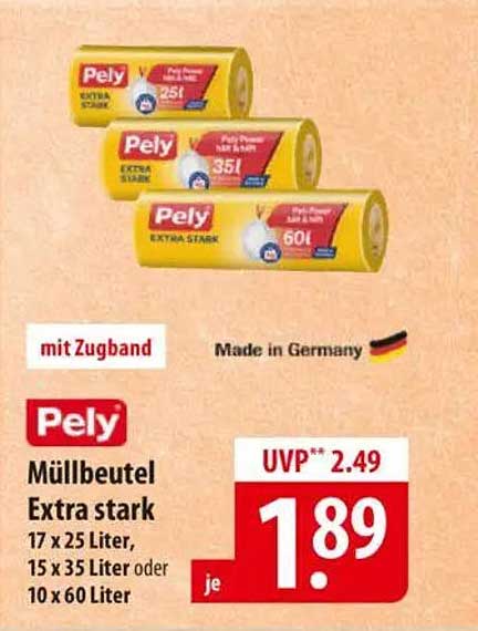 Pely Müllbeutel Extra stark 17 x 25 Liter, 15 x 35 Liter oder 10 x 60 Liter