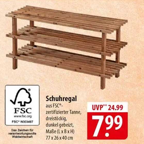 Schuhregal aus FSC®-zertifizierter Tanne, dreistockig, dunkel gebeizt