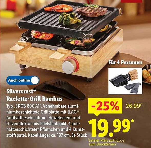 Silvercrest® Raclette-Grill Bambus Typ „SRGB 800 A1“