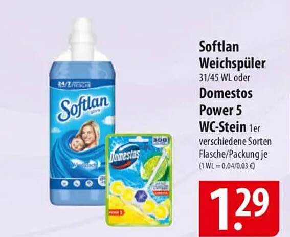 Softlan Weichspüler 31/45 WL oder Domestos Power 5 WC-Stein 1er verschiedene Sorten