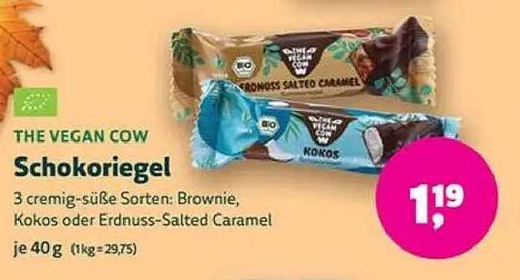 THE VEGAN COW Schokoriegel in den Sorten Brownie, Kokos oder Erdnuss-Salted Caramel