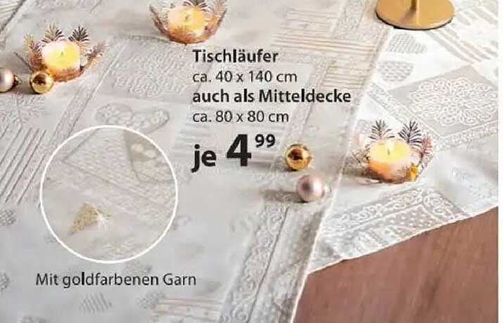 Tischläufer und Mitteldecke mit goldfarbenem Garn