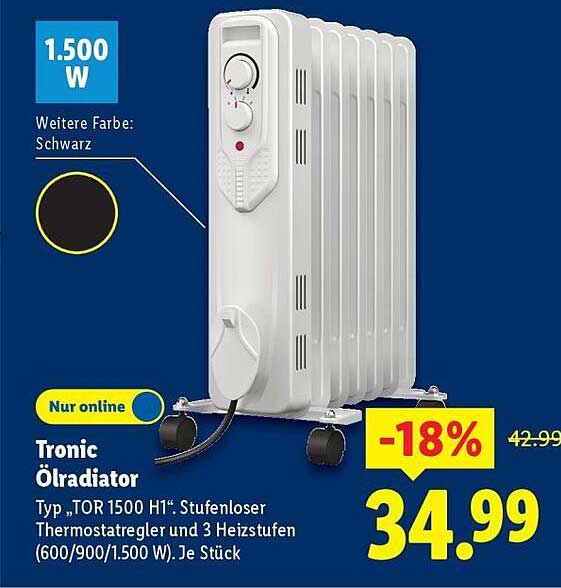 Tronic Ölradiator Typ „TOR 1500 H1“ – Stufenloser Thermostatregler und 3 Heizstufen