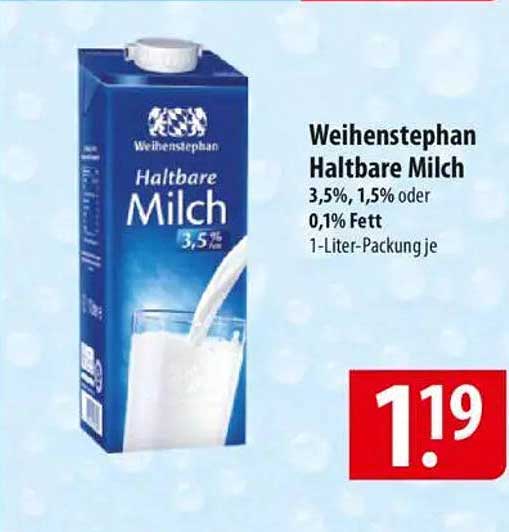 Weihenstephan Haltbare Milch 3,5%, 1,5% oder 0,1% Fett 1-Liter-Packung je