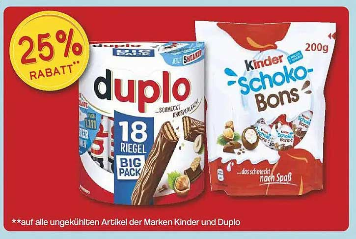 25% Rabatt auf ungekühlte Artikel der Marken Kinder und Duplo