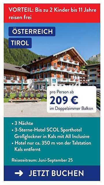 3 Nächte im 3-Sterne-Hotel SCOL Sporthotel Großglockner in Kals mit All Inclusive
