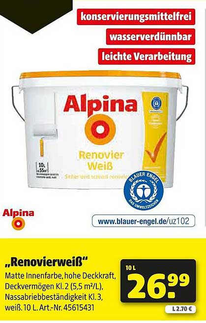 Alpina Renovierweiß 10 l für nur 26,99 €