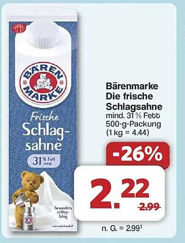 Bärenmarke Die frische Schlagsahne 500-g-Packung