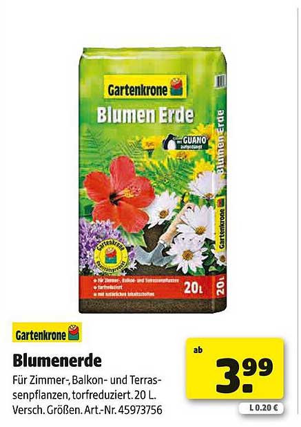 Blumenerde für Zimmer-, Balkon- und Terrassenpflanzen, torfreduziert, 20 L