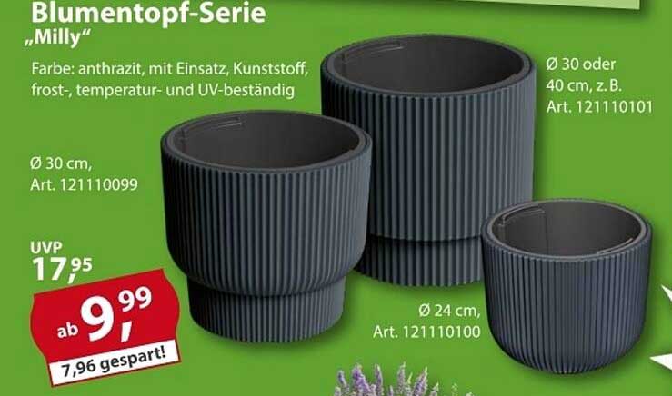 Blumentopf-Serie „Milly“ - anthrazit, Kunststoffeinsatz, UV-beständig