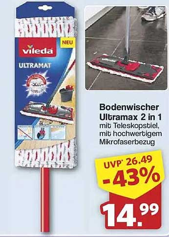 Bodenwischer Ultramax 2 in 1 mit Teleskopstiel und hochwertigem Mikrofasertuch