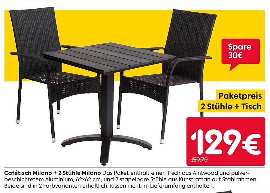 Cafétisch Milano + 2 Stühle Milano