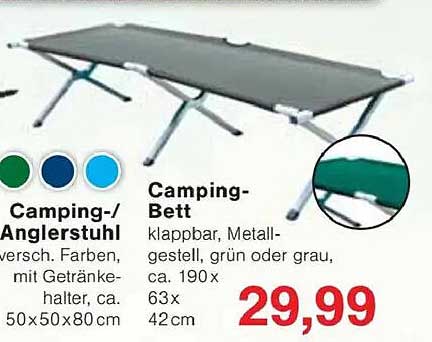Camping-Bett klappbar, Metallgestell, grün oder grau, ca. 190 x 63 x 42 cm