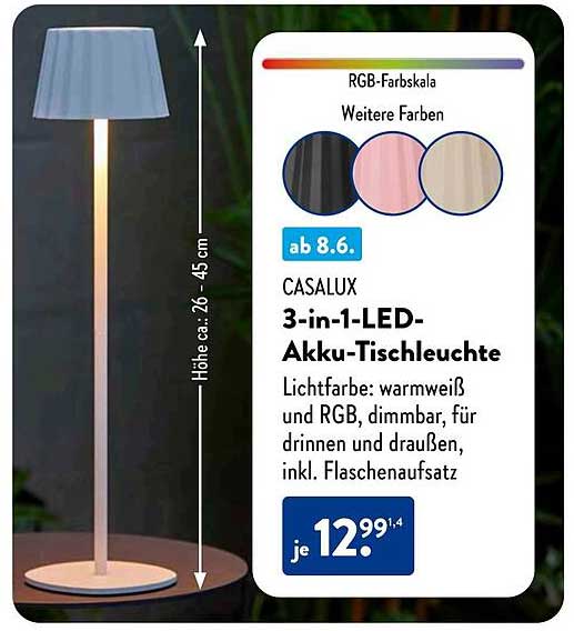 CASALUX 3-in-1-LED-Akku-Tischleuchte