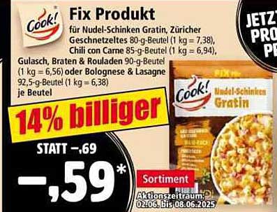 Cook! Fix Produkt für Nudel-Schinken Gratin, Züricher Geschnetzeltes und mehr