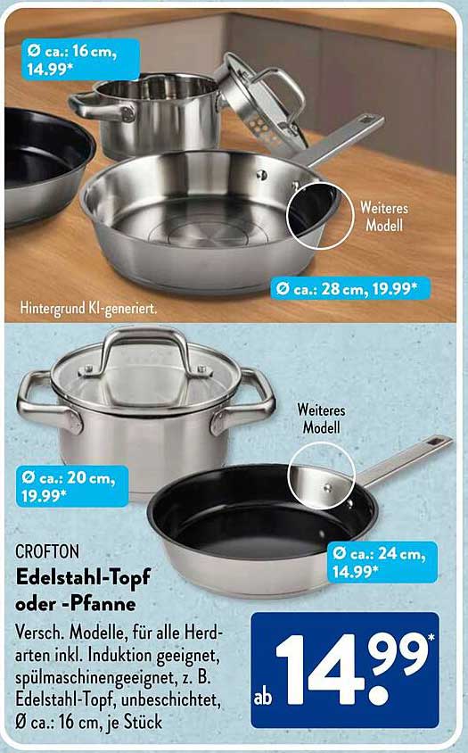CROFTON Edelstahl-Topf oder -Pfanne, verschiedene Modelle