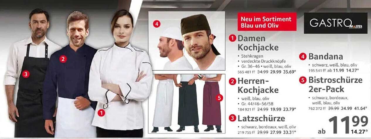 Damen Kochjacke 36-46 in Weiß, Blau und Oliv