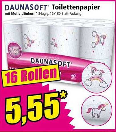 DAUNASOFT Toilettenpapier mit Motiv „Einhorn“ - 16 Rollen 3-lagig